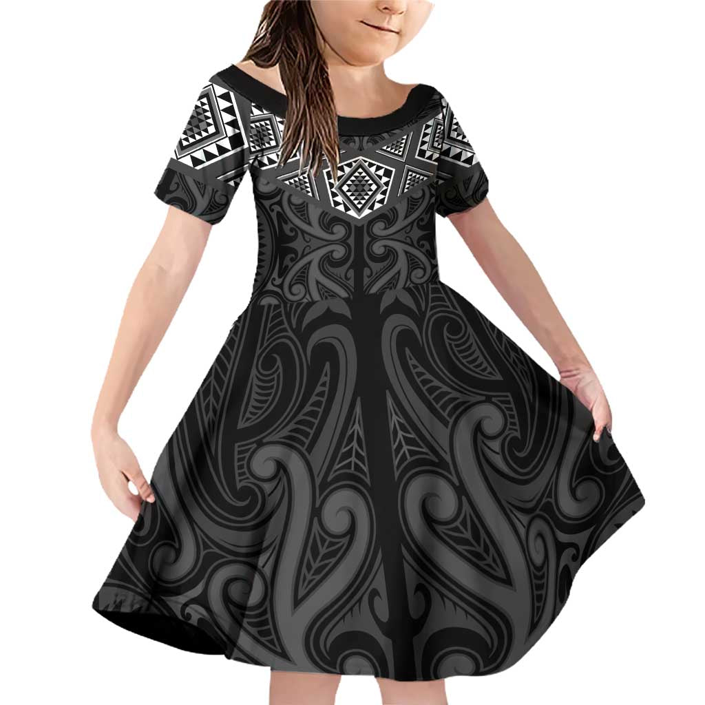 New Zealand Aotearoa Family Matching Off Shoulder Short Dress and Hawaiian Shirt Black Taniko Art Maori Pattern LT05 Daughter's Dress Black - Polynesian Pride