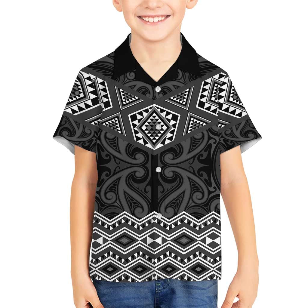 New Zealand Aotearoa Family Matching Off Shoulder Short Dress and Hawaiian Shirt Black Taniko Art Maori Pattern LT05 Son's Shirt Black - Polynesian Pride