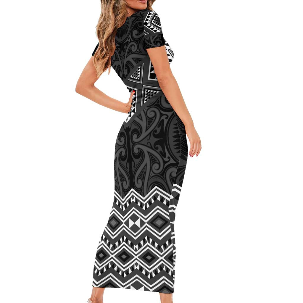 New Zealand Aotearoa Family Matching Short Sleeve Bodycon Dress and Hawaiian Shirt Black Taniko Art Maori Pattern LT05 - Polynesian Pride