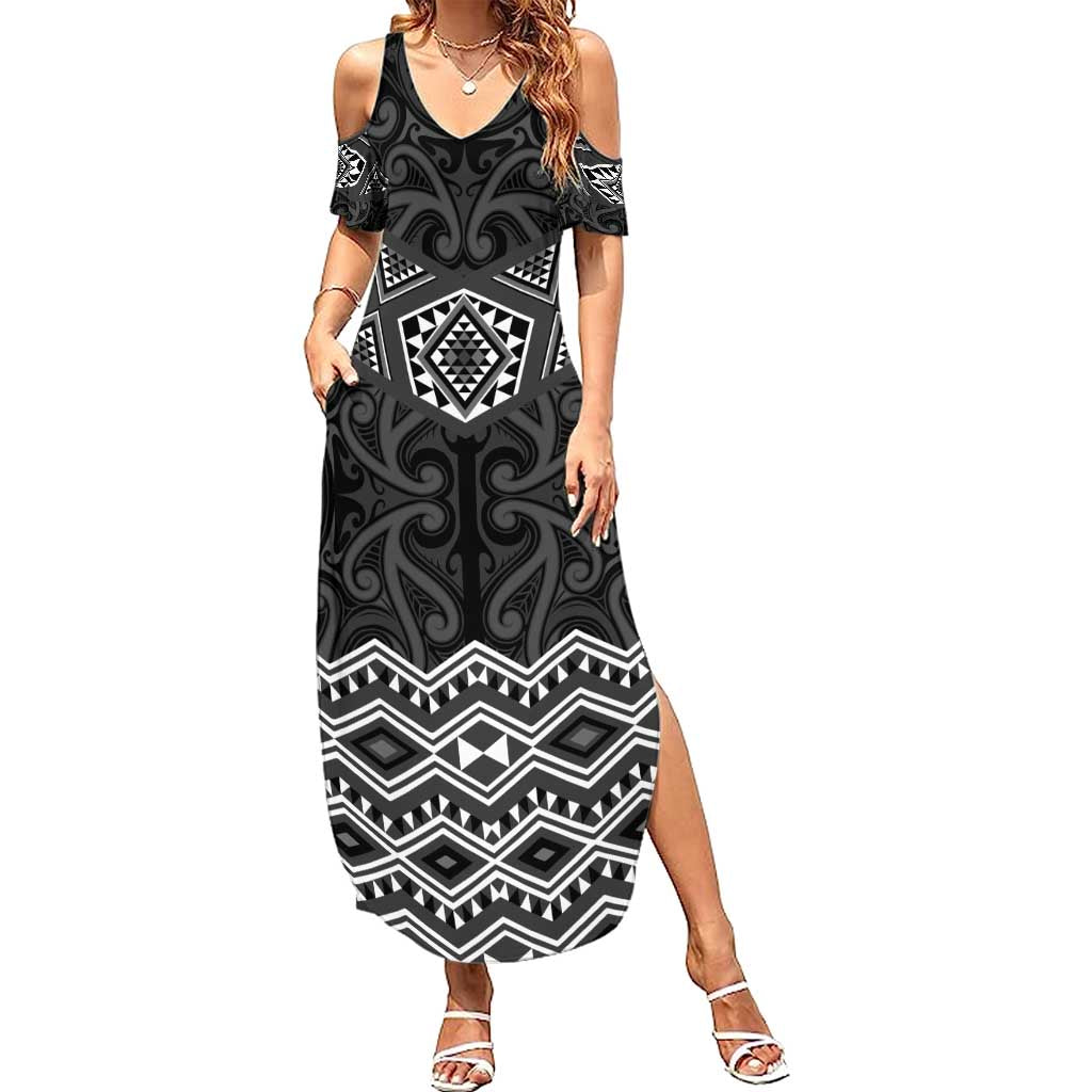 New Zealand Aotearoa Family Matching Summer Maxi Dress and Hawaiian Shirt Black Taniko Art Maori Pattern LT05 Mom's Dress Black - Polynesian Pride