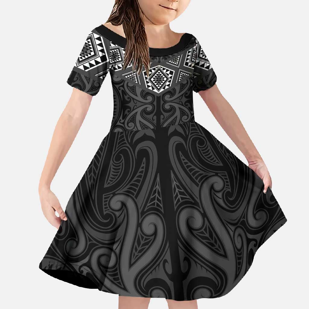New Zealand Aotearoa Family Matching Tank Maxi Dress and Hawaiian Shirt Black Taniko Art Maori Pattern LT05 Daughter's Dress Black - Polynesian Pride