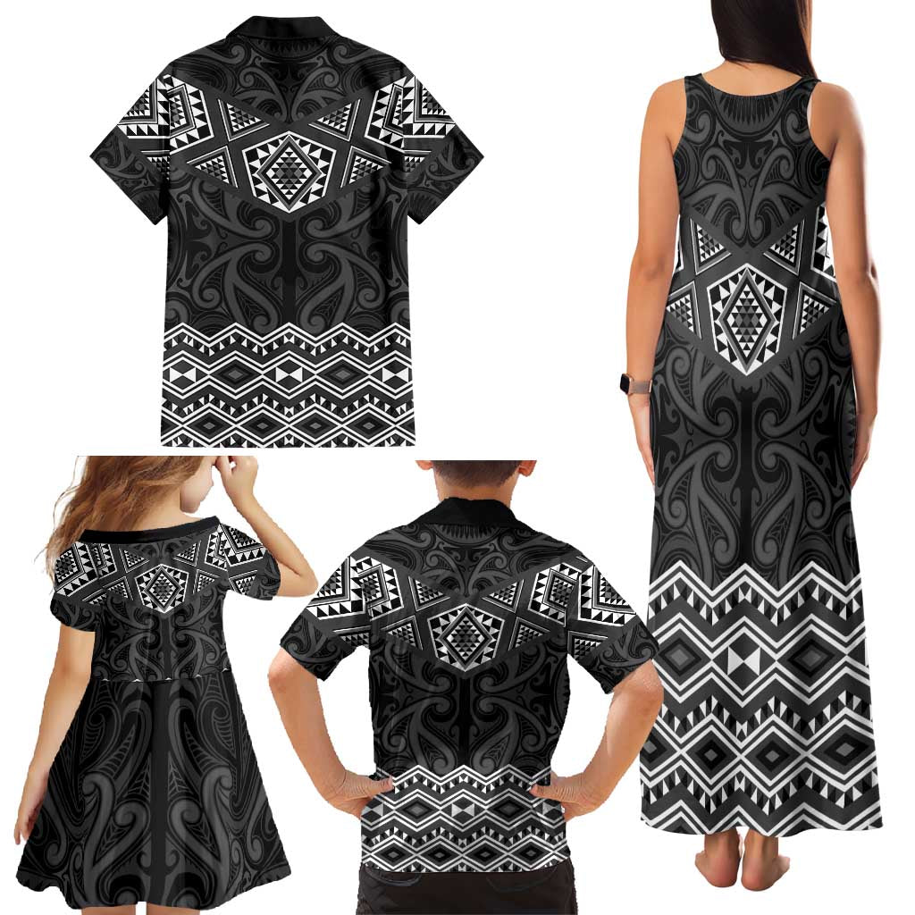 New Zealand Aotearoa Family Matching Tank Maxi Dress and Hawaiian Shirt Black Taniko Art Maori Pattern LT05 - Polynesian Pride