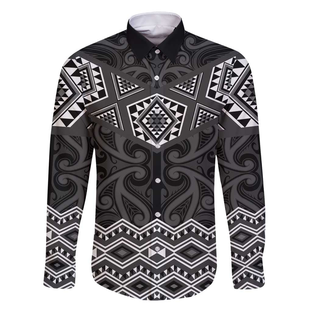 New Zealand Aotearoa Family Matching Tank Maxi Dress and Hawaiian Shirt Black Taniko Art Maori Pattern LT05 Dad's Shirt - Long Sleeve Black - Polynesian Pride