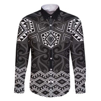 New Zealand Aotearoa Family Matching Tank Maxi Dress and Hawaiian Shirt Black Taniko Art Maori Pattern LT05 Dad's Shirt - Long Sleeve Black - Polynesian Pride