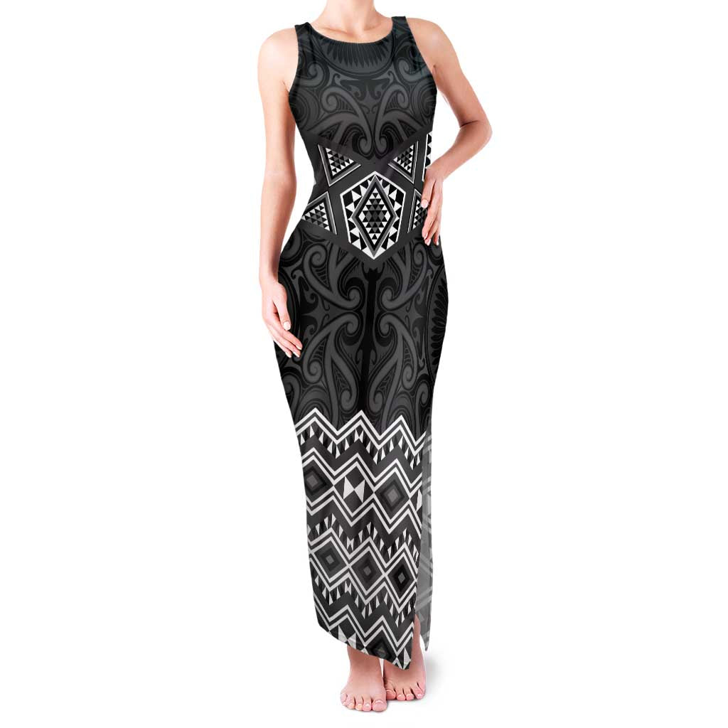 New Zealand Aotearoa Family Matching Tank Maxi Dress and Hawaiian Shirt Black Taniko Art Maori Pattern LT05 Mom's Dress Black - Polynesian Pride