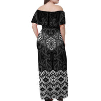 New Zealand Aotearoa Off Shoulder Maxi Dress Black Taniko Art Maori Pattern