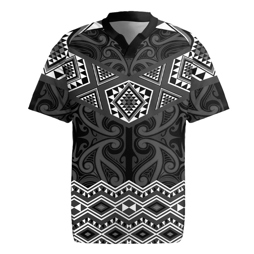 New Zealand Aotearoa Rugby Jersey Black Taniko Art Maori Pattern LT05 Black - Polynesian Pride