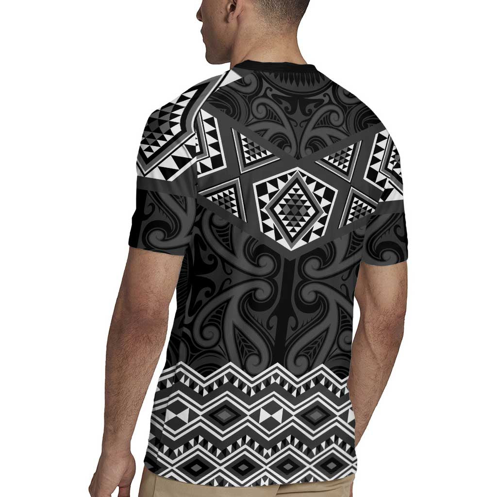 New Zealand Aotearoa Rugby Jersey Black Taniko Art Maori Pattern LT05 - Polynesian Pride