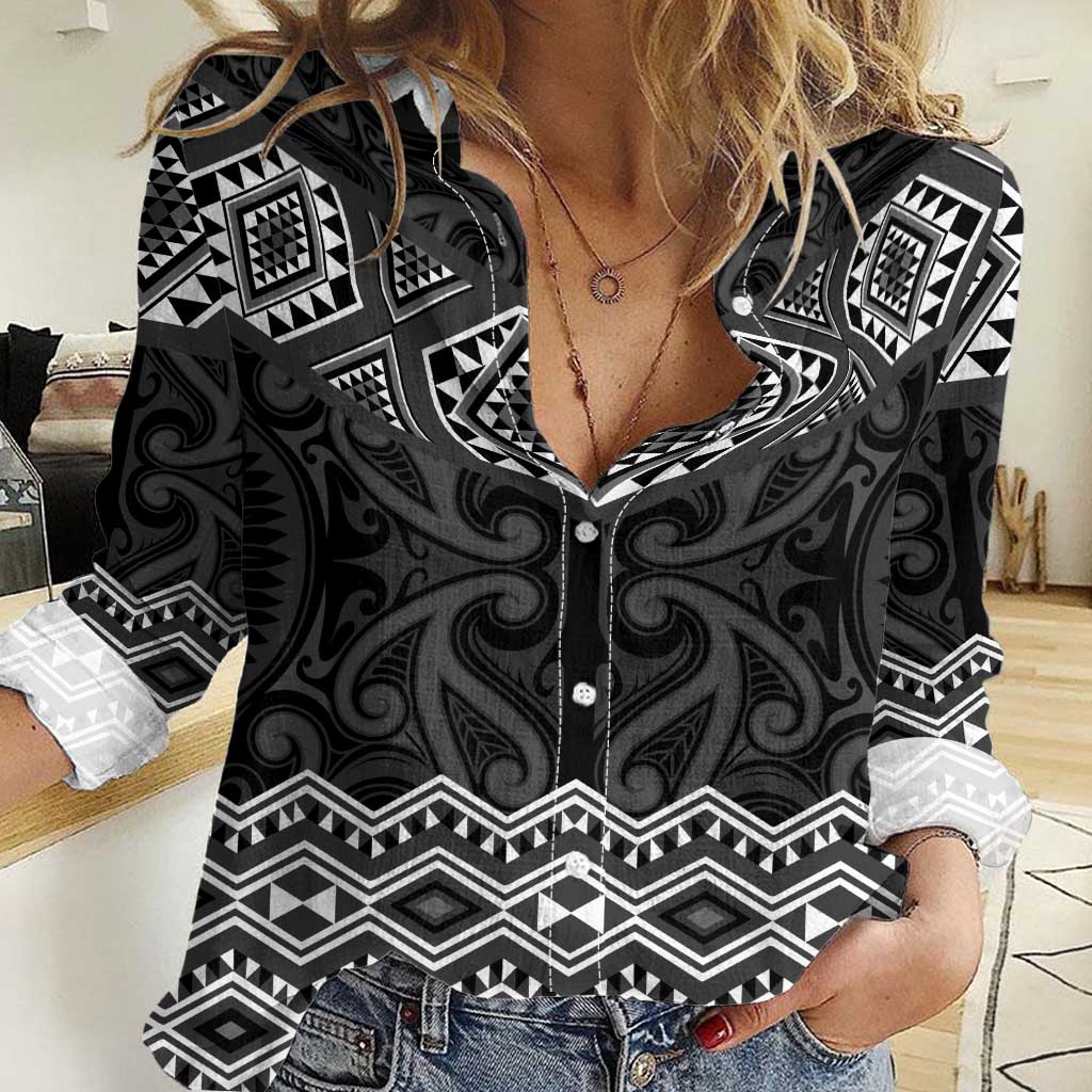 New Zealand Aotearoa Women Casual Shirt Black Taniko Art Maori Pattern LT05 Female Black - Polynesian Pride