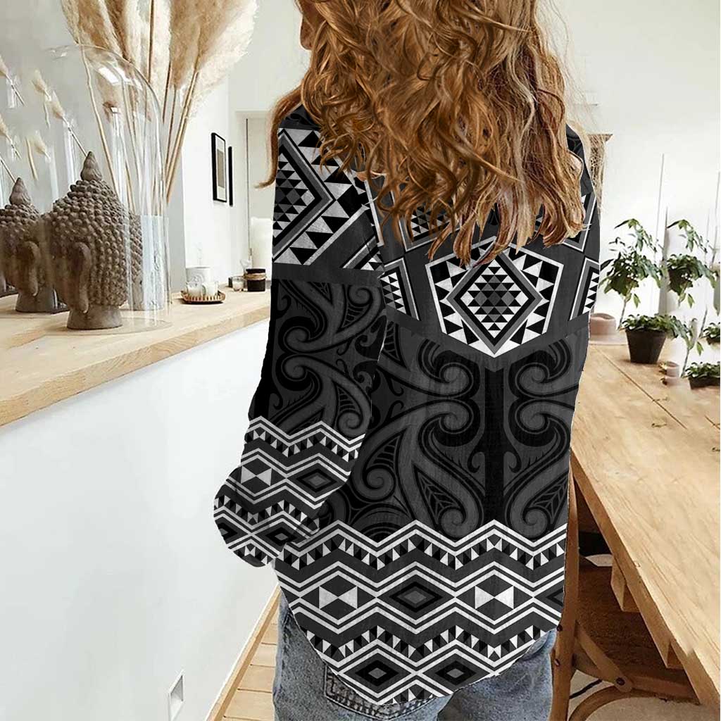 New Zealand Aotearoa Women Casual Shirt Black Taniko Art Maori Pattern LT05 - Polynesian Pride