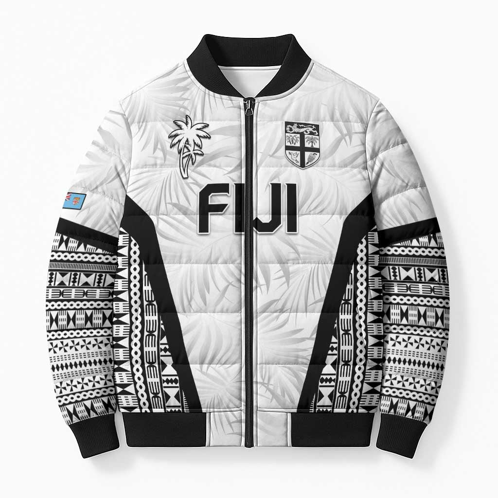 Custom Fiji 2026 Rugby Bomber Puffer Jacket Fijian Tapa Pattern LT05 Unisex White - Polynesian Pride
