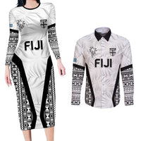 Custom Fiji 2026 Rugby Couples Matching Long Sleeve Bodycon Dress and Long Sleeve Button Shirt Fijian Tapa Pattern LT05 White - Polynesian Pride