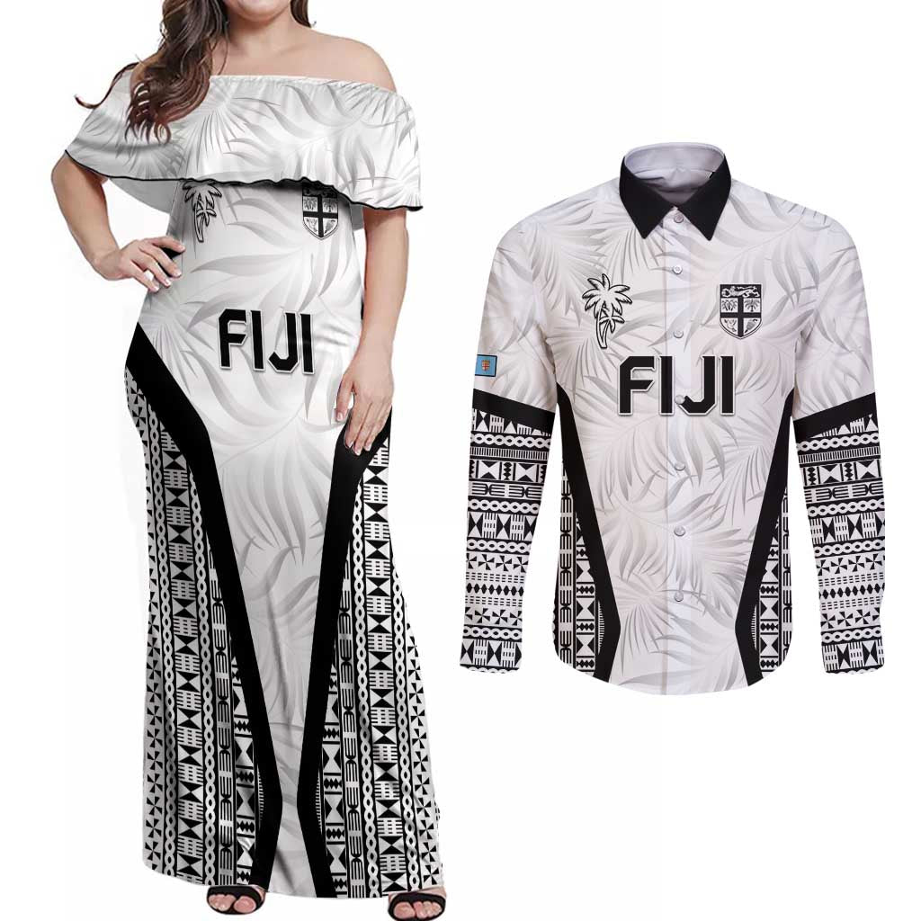 Custom Fiji 2026 Rugby Couples Matching Off Shoulder Maxi Dress and Long Sleeve Button Shirt Fijian Tapa Pattern LT05 White - Polynesian Pride