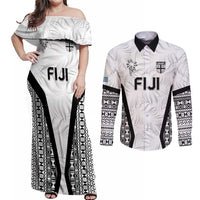 Custom Fiji 2026 Rugby Couples Matching Off Shoulder Maxi Dress and Long Sleeve Button Shirt Fijian Tapa Pattern LT05 White - Polynesian Pride