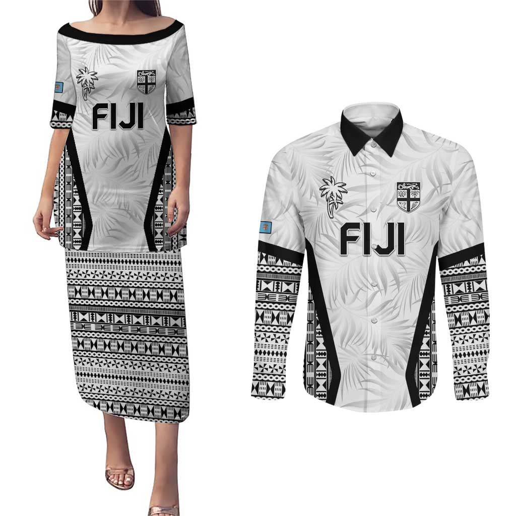 Custom Fiji 2026 Rugby Couples Matching Puletasi and Long Sleeve Button Shirt Fijian Tapa Pattern LT05 White - Polynesian Pride