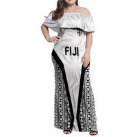 Custom Fiji 2026 Rugby Family Matching Off Shoulder Maxi Dress and Hawaiian Shirt Fijian Tapa Pattern LT05 Mom's Dress White - Polynesian Pride