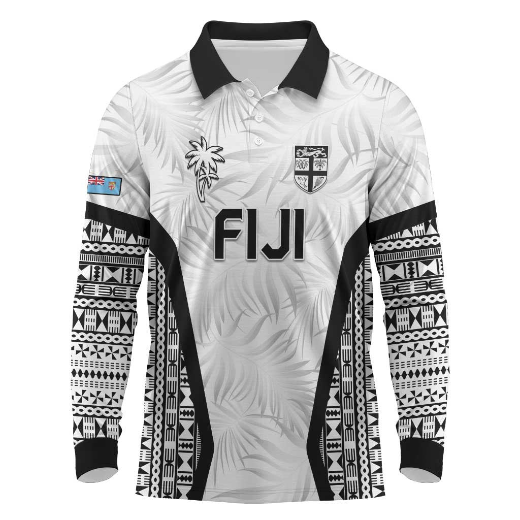 Custom Fiji 2026 Rugby Long Sleeve Polo Shirt Fijian Tapa Pattern LT05 White - Polynesian Pride
