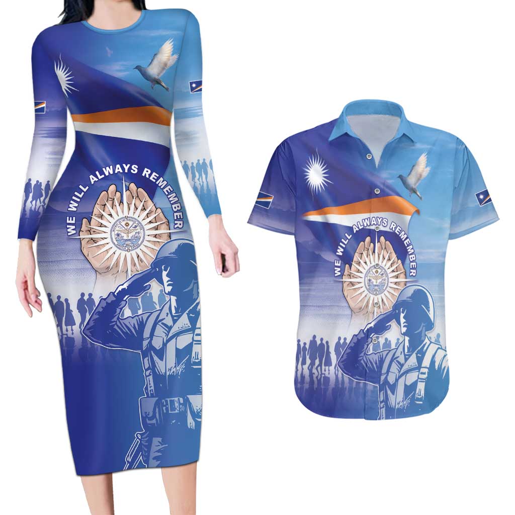 Personalised Marshall Islands Remembrance Day Couples Matching Long Sleeve Bodycon Dress and Hawaiian Shirt We Will Always Remember LT05 Blue - Polynesian Pride