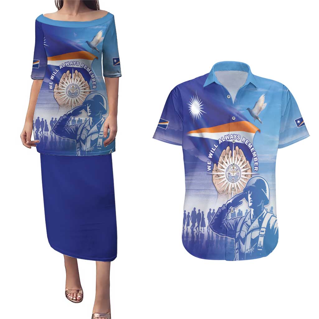 Personalised Marshall Islands Remembrance Day Couples Matching Puletasi and Hawaiian Shirt We Will Always Remember LT05 Blue - Polynesian Pride