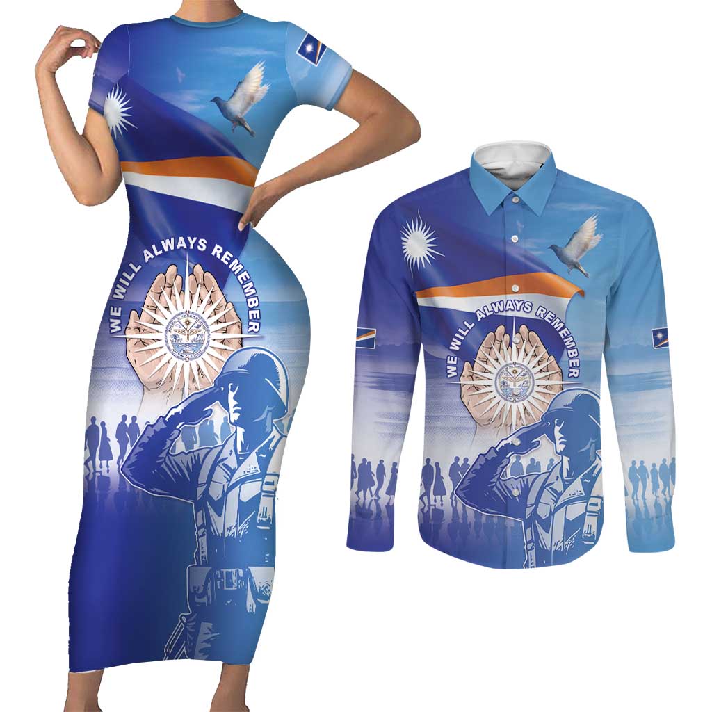 Personalised Marshall Islands Remembrance Day Couples Matching Short Sleeve Bodycon Dress and Long Sleeve Button Shirt We Will Always Remember LT05 Blue - Polynesian Pride