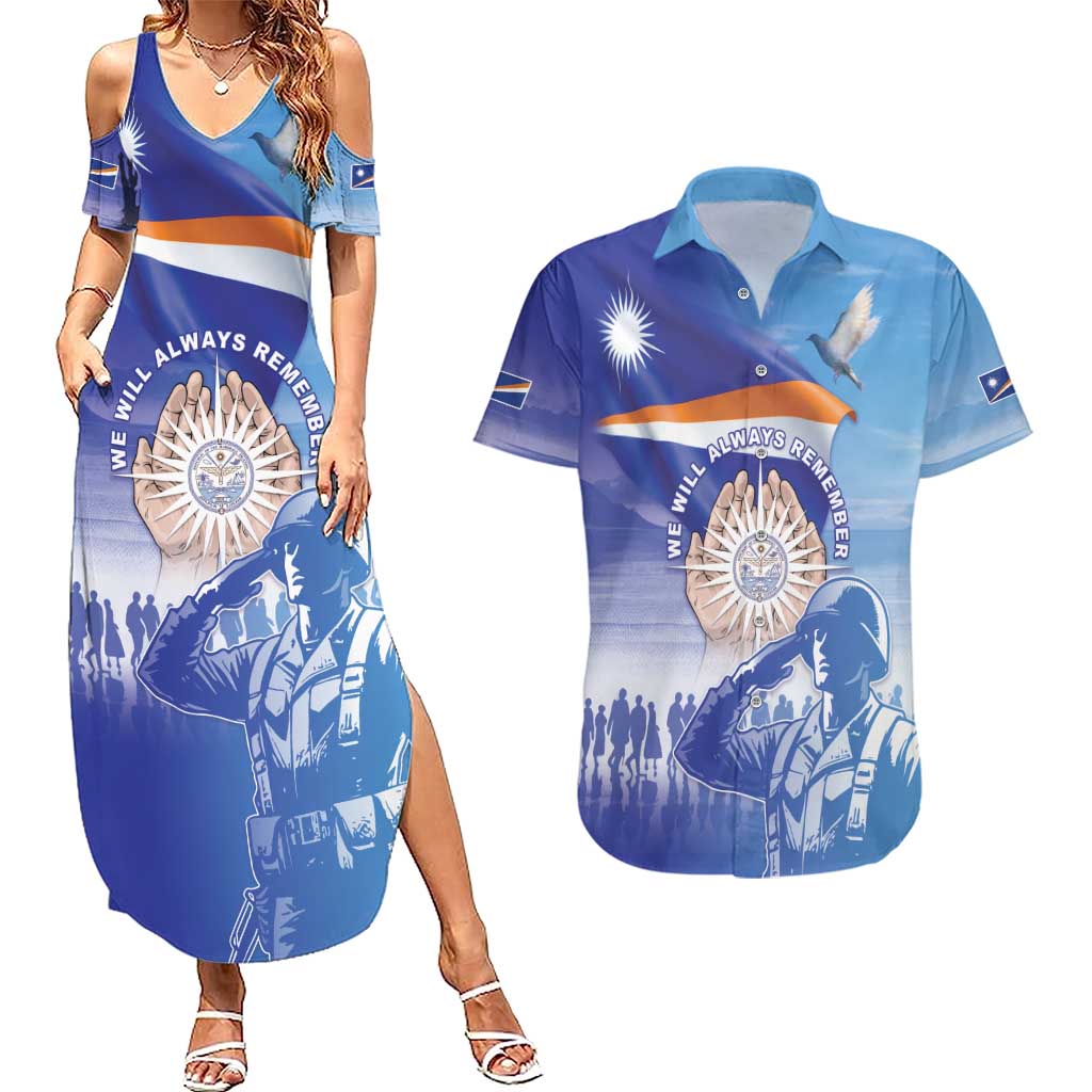 Personalised Marshall Islands Remembrance Day Couples Matching Summer Maxi Dress and Hawaiian Shirt We Will Always Remember LT05 Blue - Polynesian Pride