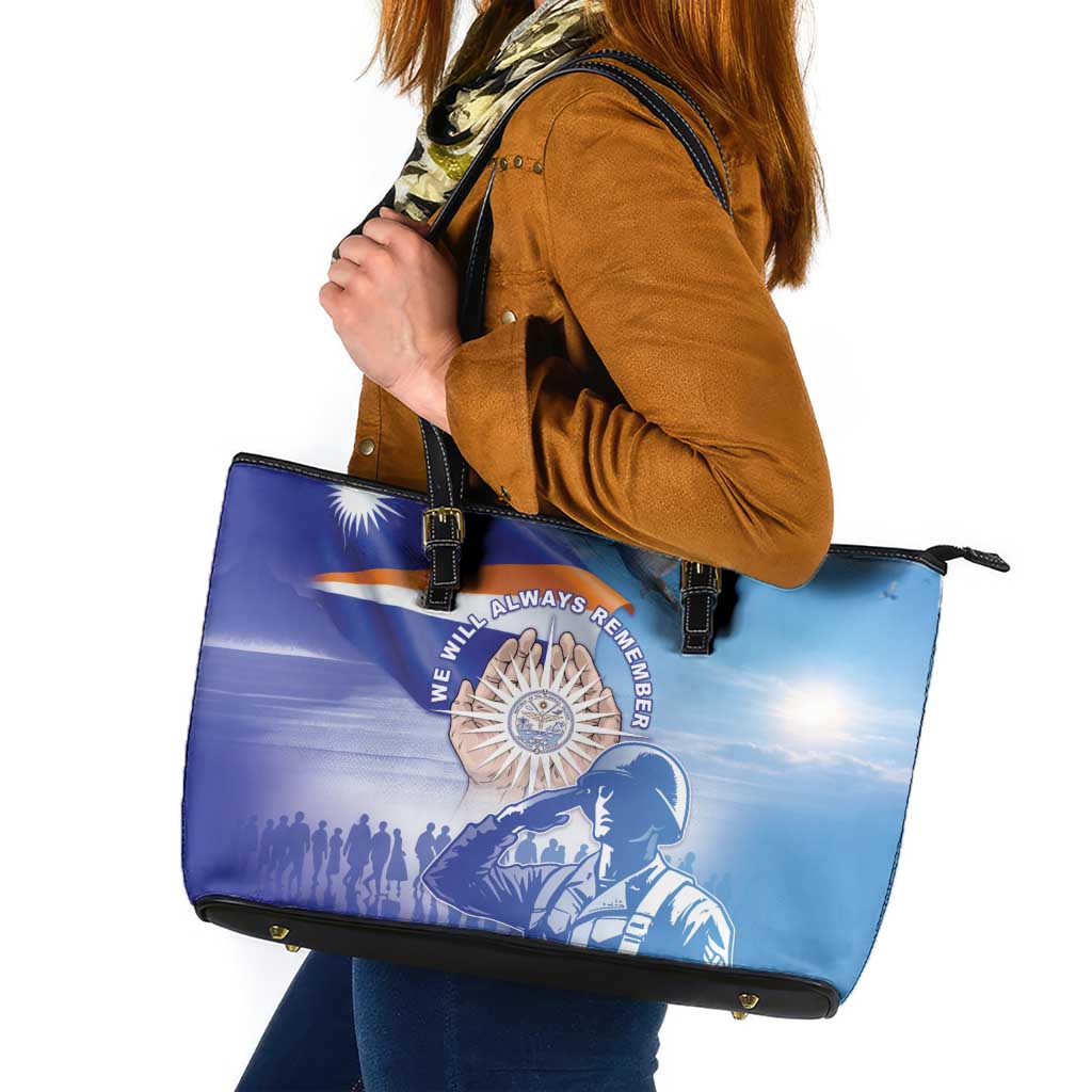 Marshall Islands Remembrance Day Leather Tote Bag We Will Always Remember LT05 Blue - Polynesian Pride