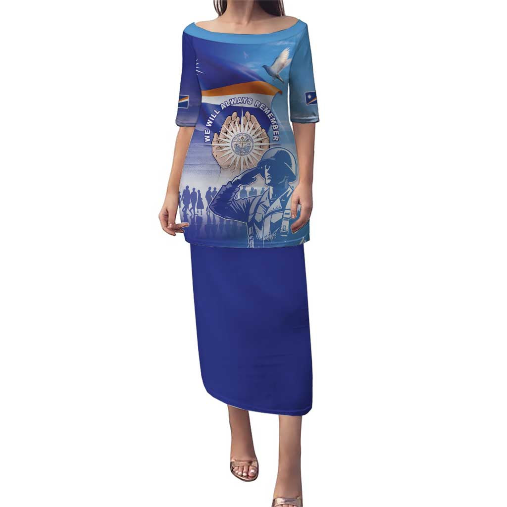 Personalised Marshall Islands Remembrance Day Puletasi We Will Always Remember LT05 Long Dress Blue - Polynesian Pride