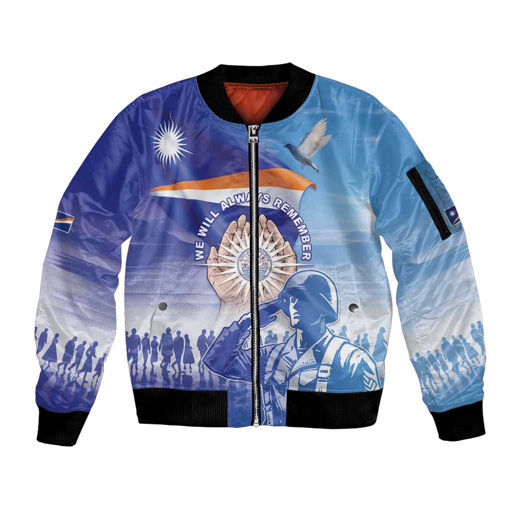 Personalised Marshall Islands Remembrance Day Sleeve Zip Bomber Jacket We Will Always Remember LT05 Unisex Blue - Polynesian Pride