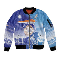 Personalised Marshall Islands Remembrance Day Sleeve Zip Bomber Jacket We Will Always Remember LT05 Unisex Blue - Polynesian Pride