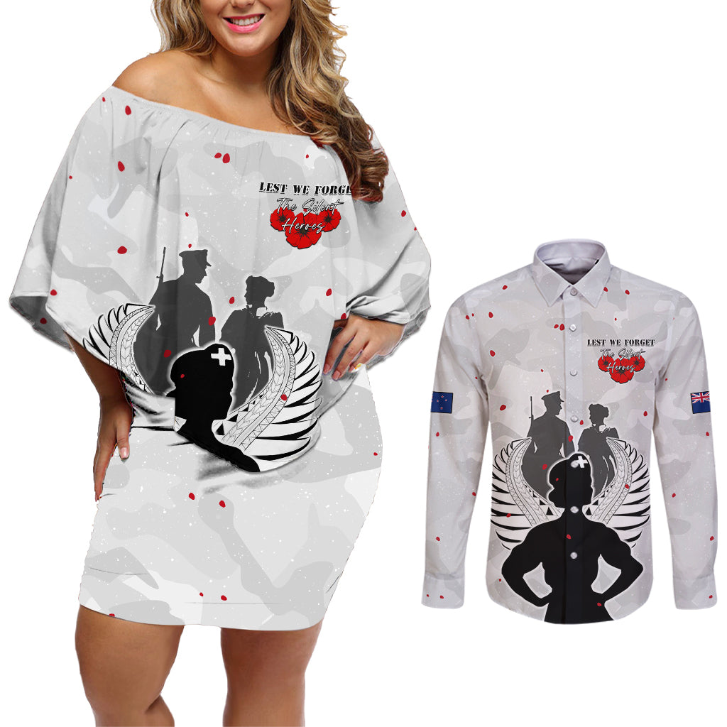 New Zealand ANZAC Day Couples Matching Off Shoulder Short Dress and Long Sleeve Button Shirt For The Nurse Lest We Forget LT05 White - Polynesian Pride