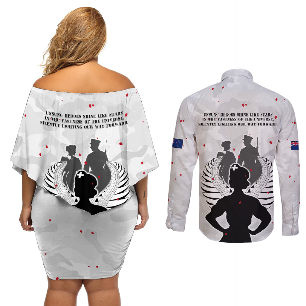 New Zealand ANZAC Day Couples Matching Off Shoulder Short Dress and Long Sleeve Button Shirt For The Nurse Lest We Forget LT05 - Polynesian Pride