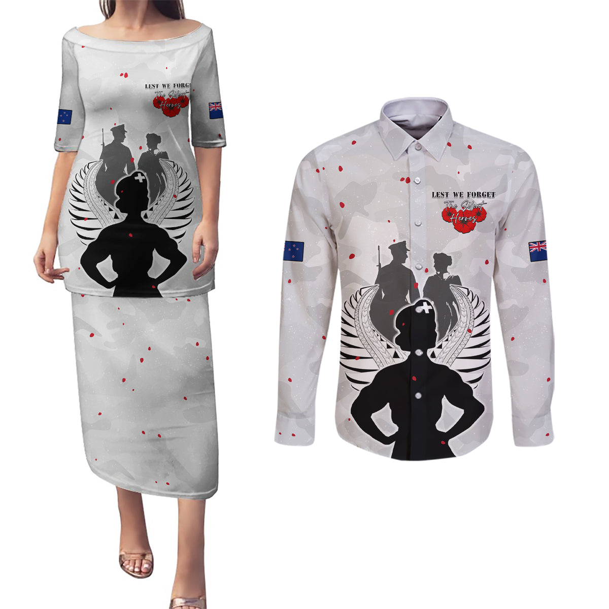New Zealand ANZAC Day Couples Matching Puletasi and Long Sleeve Button Shirt For The Nurse Lest We Forget LT05 White - Polynesian Pride