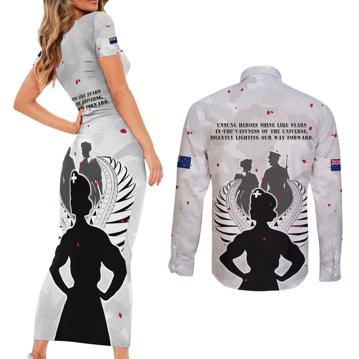 New Zealand ANZAC Day Couples Matching Short Sleeve Bodycon Dress and Long Sleeve Button Shirt For The Nurse Lest We Forget LT05 - Polynesian Pride