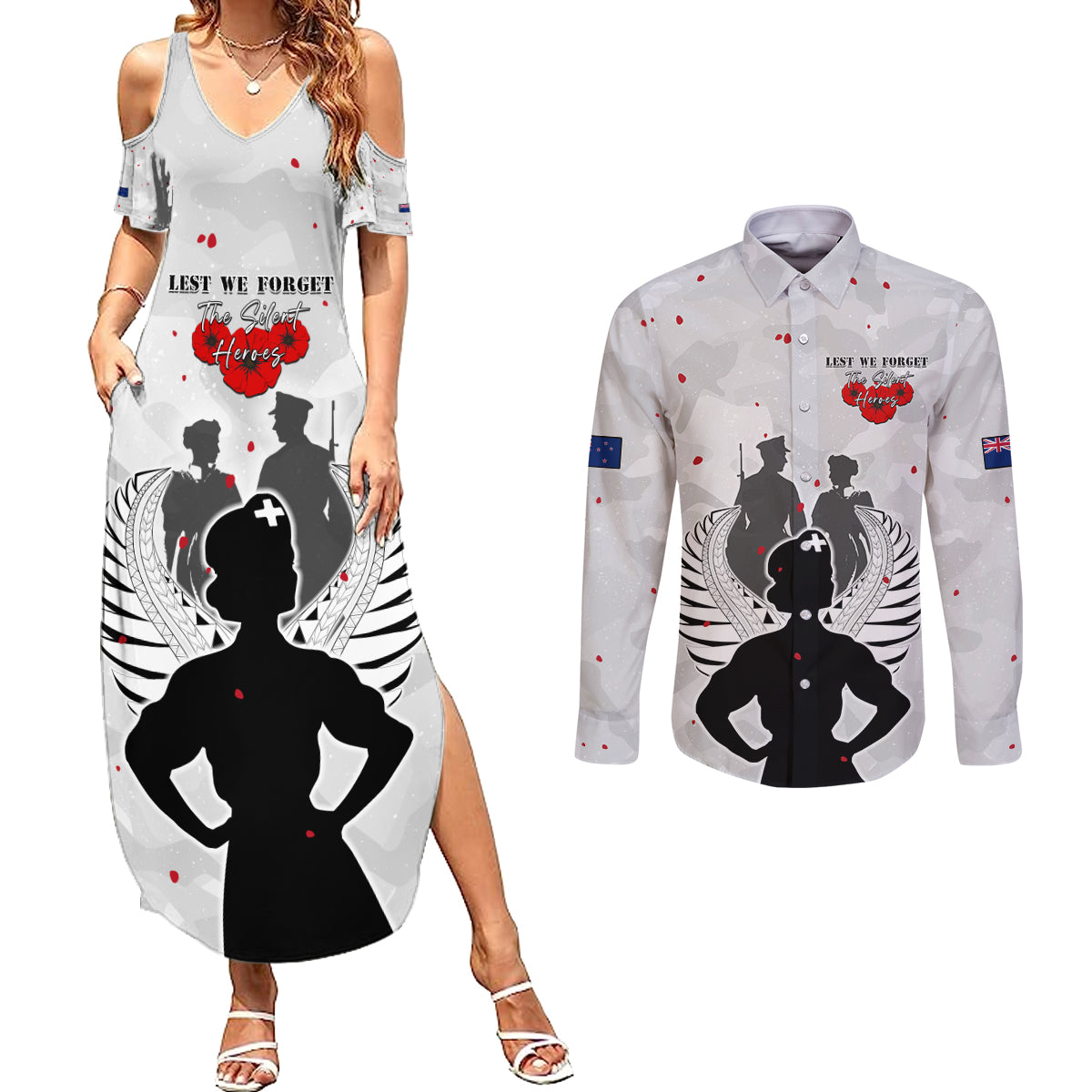 New Zealand ANZAC Day Couples Matching Summer Maxi Dress and Long Sleeve Button Shirt For The Nurse Lest We Forget LT05 White - Polynesian Pride