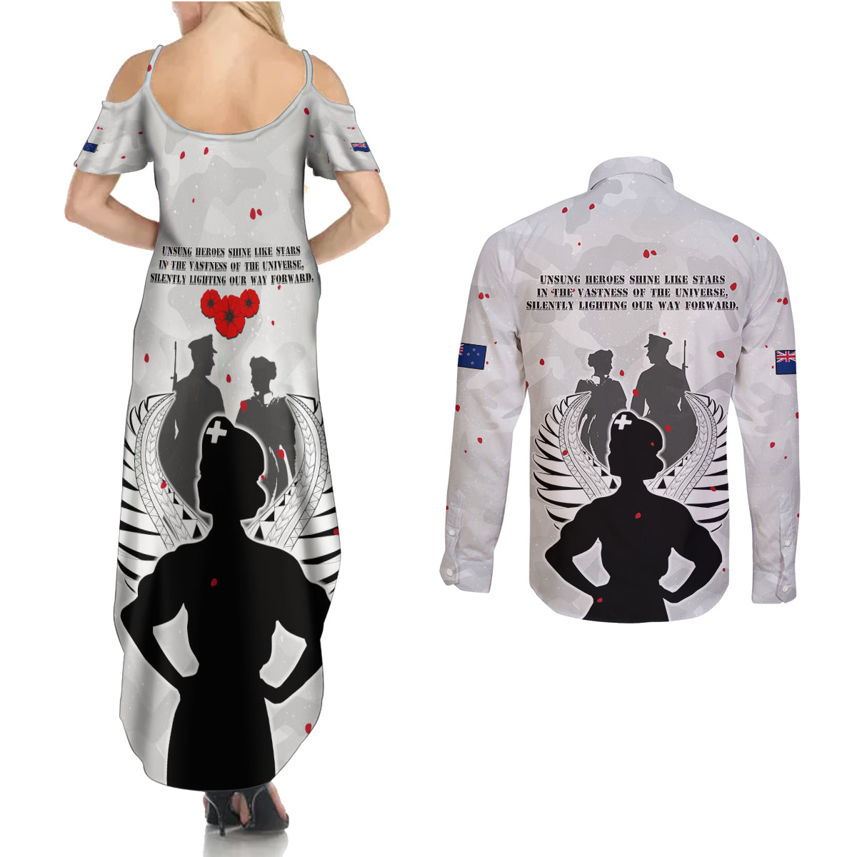 New Zealand ANZAC Day Couples Matching Summer Maxi Dress and Long Sleeve Button Shirt For The Nurse Lest We Forget LT05 - Polynesian Pride