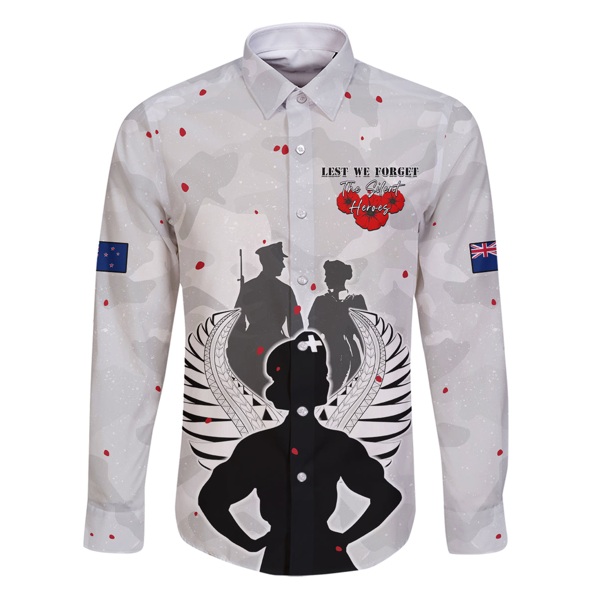 New Zealand ANZAC Day Family Matching Off Shoulder Short Dress and Hawaiian Shirt For The Nurse Lest We Forget LT05 Dad's Shirt - Long Sleeve White - Polynesian Pride
