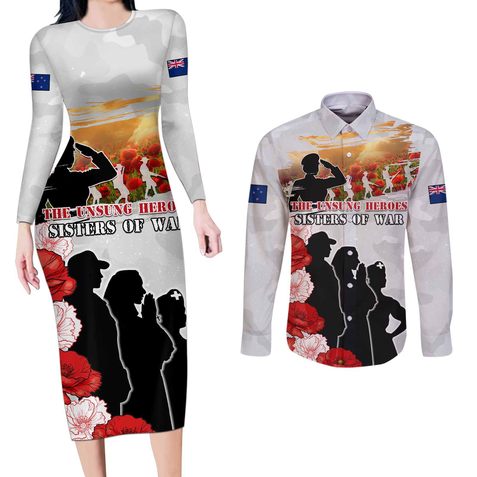 New Zealand ANZAC Day Couples Matching Long Sleeve Bodycon Dress and Long Sleeve Button Shirt The Unsung Heroes Sisters of War LT05 White - Polynesian Pride