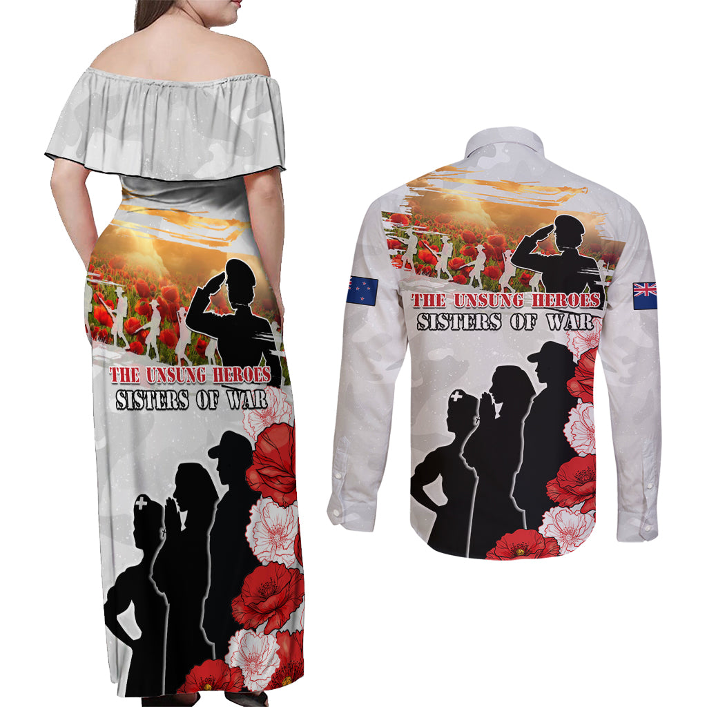 New Zealand ANZAC Day Couples Matching Off Shoulder Maxi Dress and Long Sleeve Button Shirt The Unsung Heroes Sisters of War LT05 - Polynesian Pride