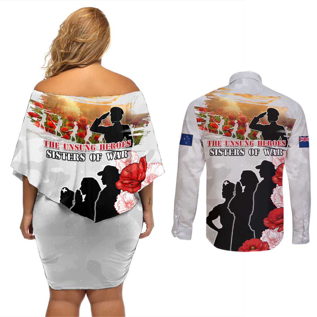 New Zealand ANZAC Day Couples Matching Off Shoulder Short Dress and Long Sleeve Button Shirt The Unsung Heroes Sisters of War LT05 - Polynesian Pride