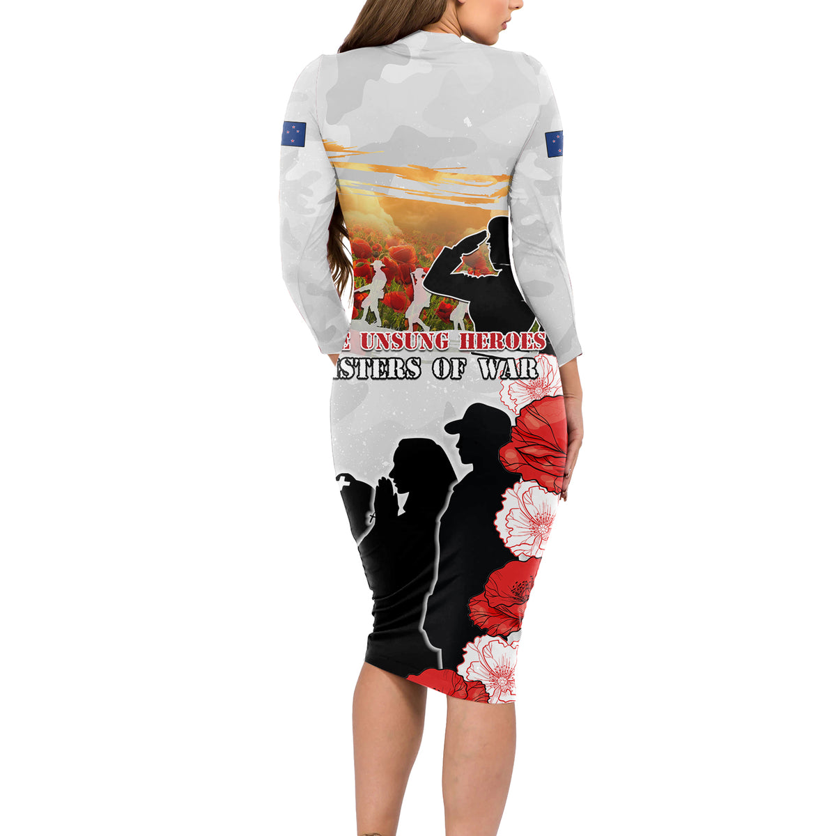 New Zealand ANZAC Day Long Sleeve Bodycon Dress The Unsung Heroes Sisters of War LT05 - Polynesian Pride