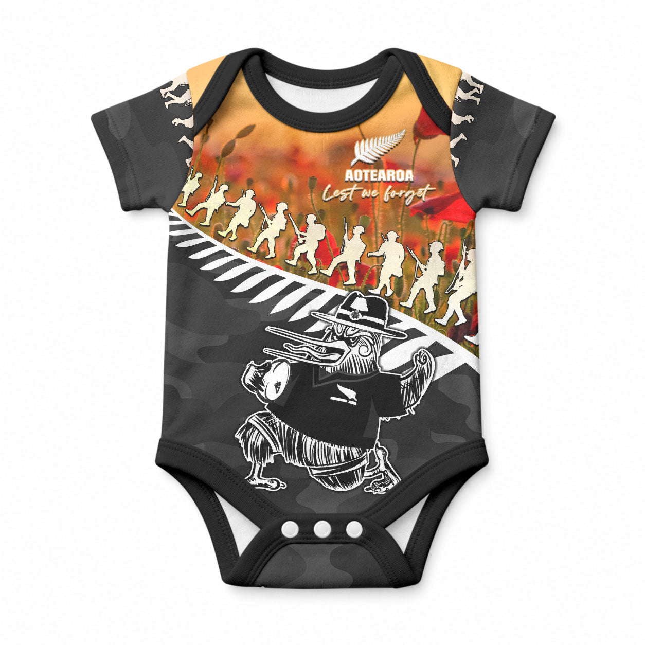New Zealand ANZAC Rugby Baby Onesie Soldier Fern With Kiwi Bird