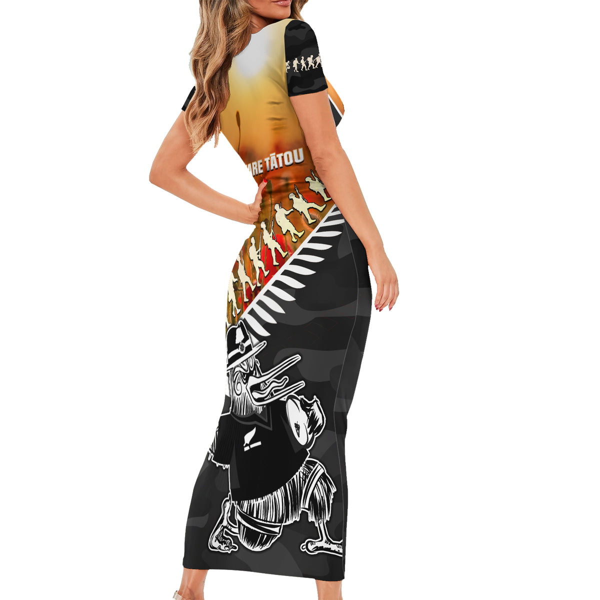 New Zealand ANZAC Rugby Family Matching Short Sleeve Bodycon Dress and Hawaiian Shirt Soldier Fern With Kiwi Bird LT05