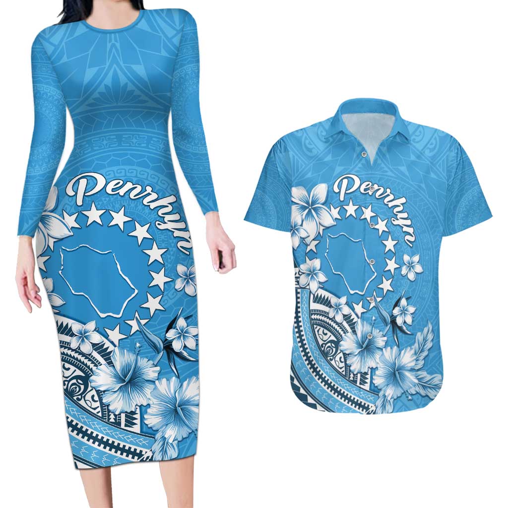 Personalised Penrhyn Gospel Day Couples Matching Long Sleeve Bodycon Dress and Hawaiian Shirt Cook Islands Tribal Pattern LT05 Blue - Polynesian Pride