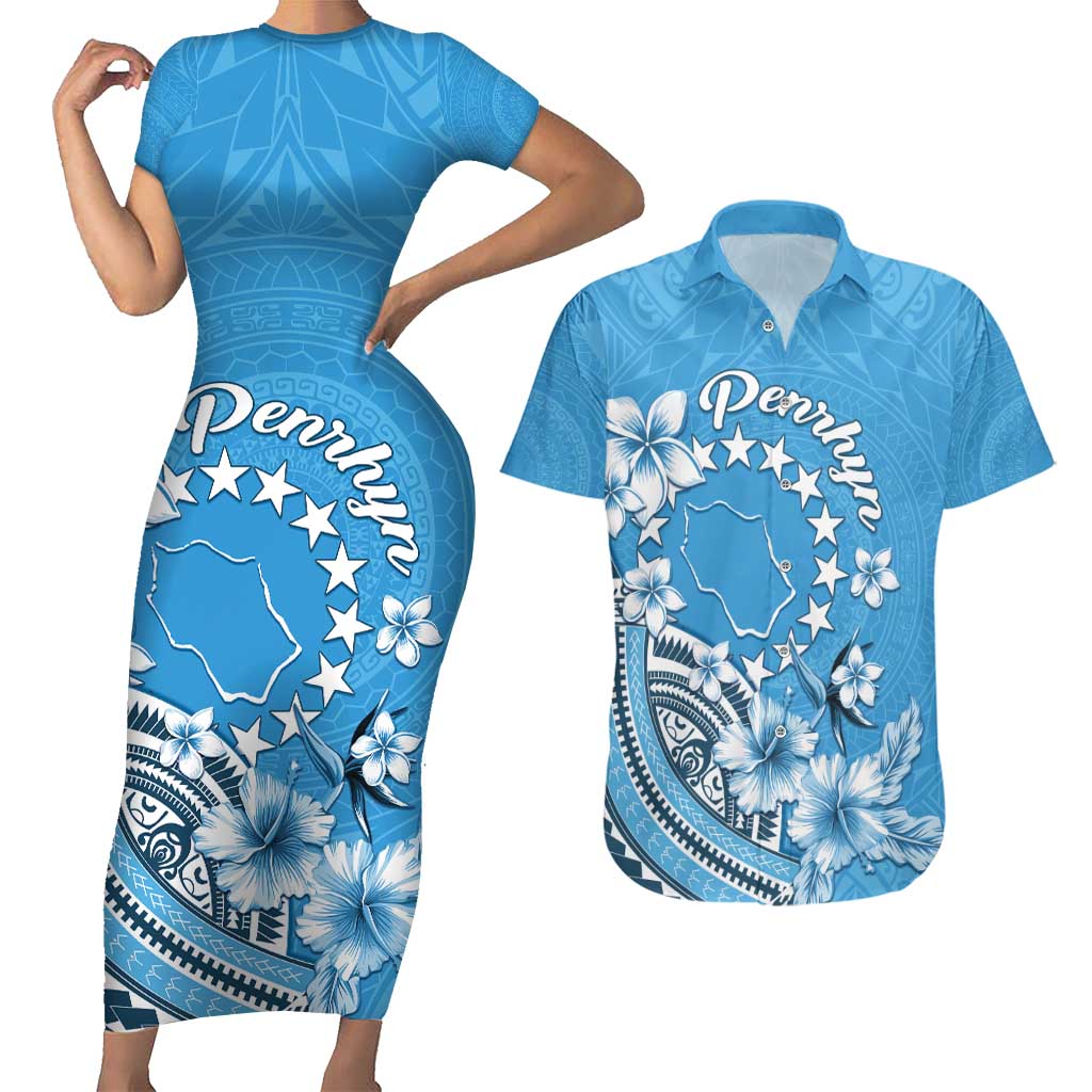 Personalised Penrhyn Gospel Day Couples Matching Short Sleeve Bodycon Dress and Hawaiian Shirt Cook Islands Tribal Pattern LT05 Blue - Polynesian Pride