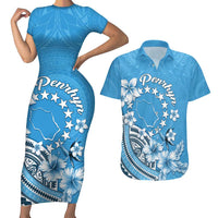 Personalised Penrhyn Gospel Day Couples Matching Short Sleeve Bodycon Dress and Hawaiian Shirt Cook Islands Tribal Pattern LT05 Blue - Polynesian Pride