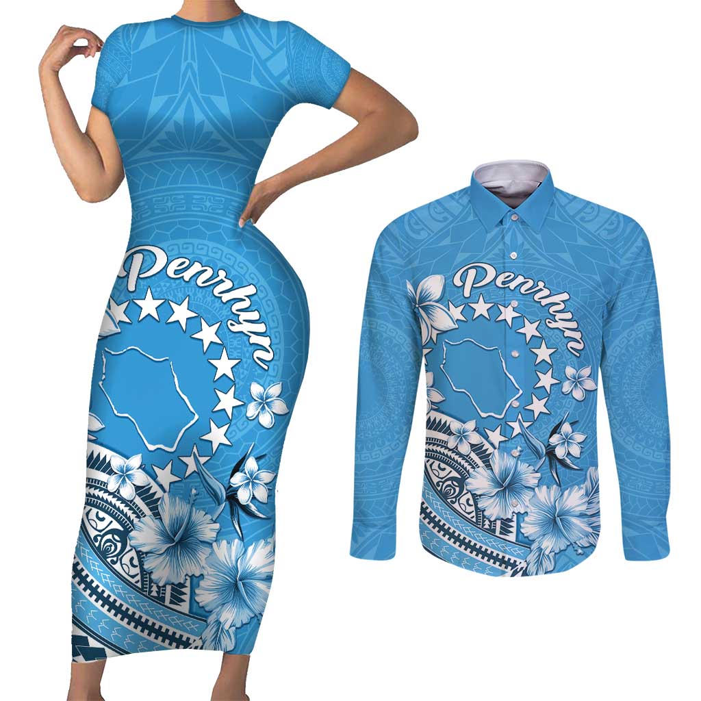 Personalised Penrhyn Gospel Day Couples Matching Short Sleeve Bodycon Dress and Long Sleeve Button Shirt Cook Islands Tribal Pattern LT05 Blue - Polynesian Pride