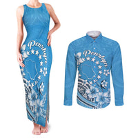 Personalised Penrhyn Gospel Day Couples Matching Tank Maxi Dress and Long Sleeve Button Shirt Cook Islands Tribal Pattern LT05 Blue - Polynesian Pride