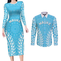 Custom Cook Islands Mauke Couples Matching Long Sleeve Bodycon Dress and Long Sleeve Button Shirt Polynesian Tribal Tattoo