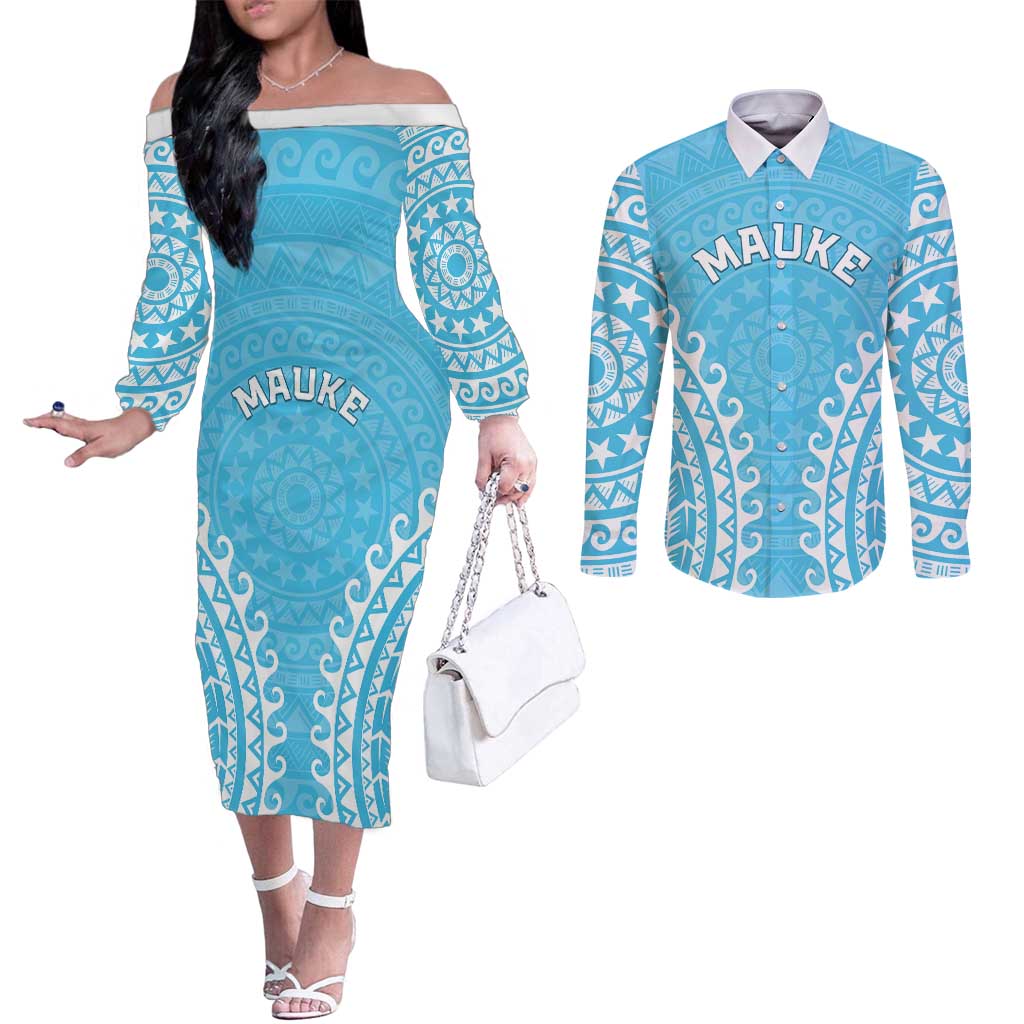 Custom Cook Islands Mauke Couples Matching Off The Shoulder Long Sleeve Dress and Long Sleeve Button Shirt Polynesian Tribal Tattoo