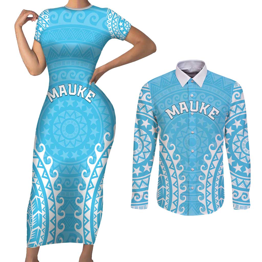 Custom Cook Islands Mauke Couples Matching Short Sleeve Bodycon Dress and Long Sleeve Button Shirt Polynesian Tribal Tattoo